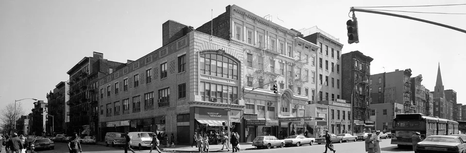 Black and white photograph of Veselka’s historic East Village street corner in New York City